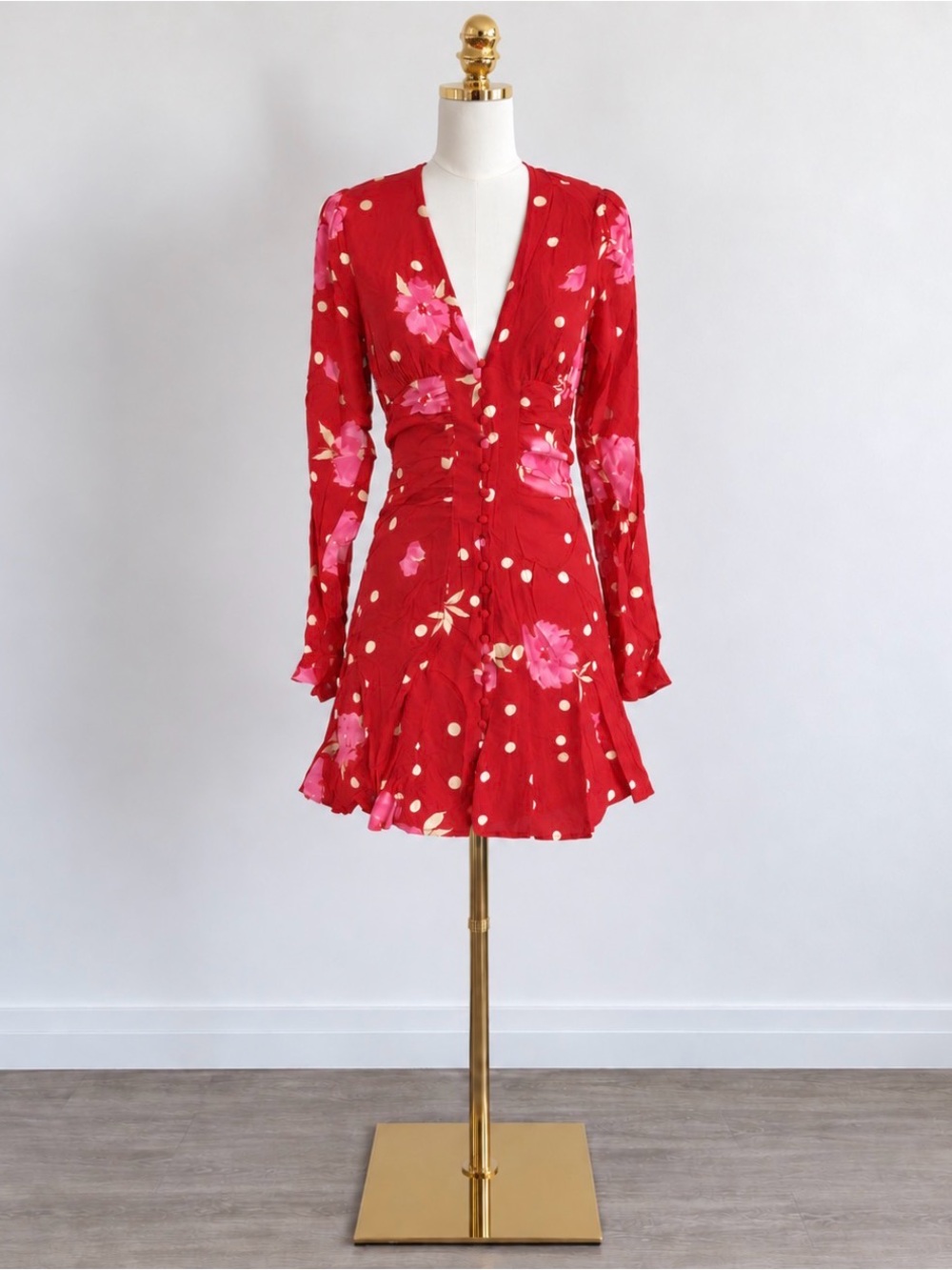 Free People Red Floral & Polka Dot Long Sleeve Mini Dress